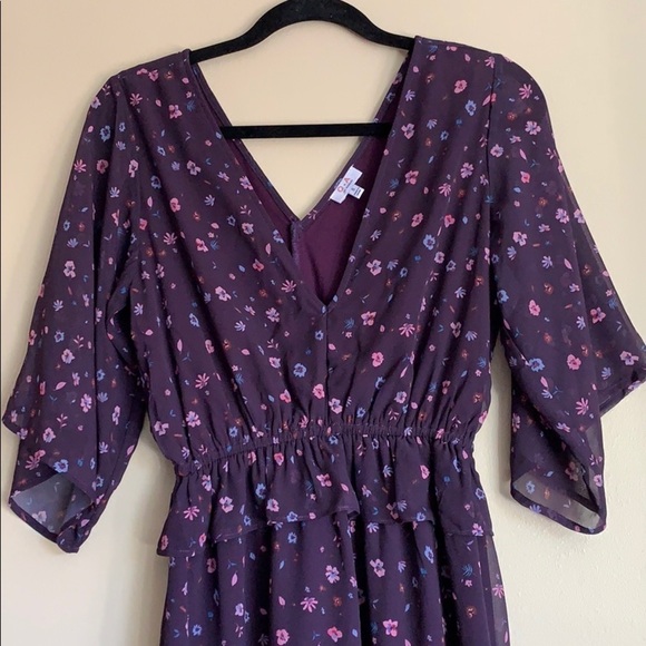Dress Mini, Purple color, Flowers,V-Neck,Size S, Q+A LA - Picture 3 of 15